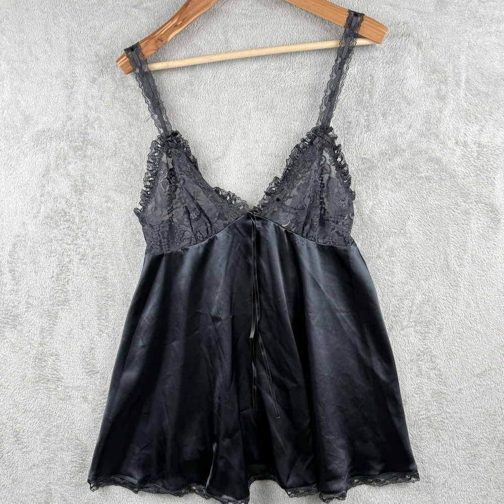 Victoria's Secret Babydoll Chemise L Black Lace Satin Lingerie Night Gown VTG